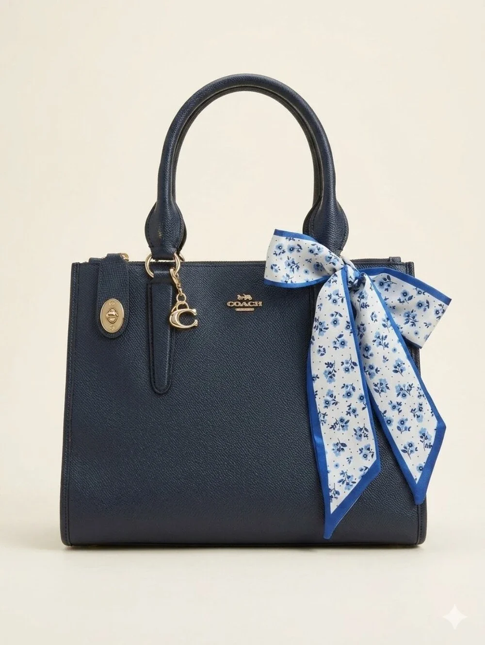 ⭐️Sold⭐🚨Coach Navy Blue Crossgrain Leather Minetta Tote Bag w/ Strap & Scarf 🚨